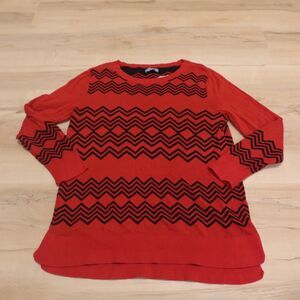 Cynthia Rowley Women Large Sweater Cotton Long Sleeve Crew Neck Red Black Design